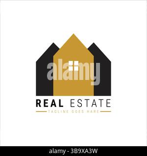 logo immobiliare con icone dorate e nere per case e design di finestre per il marchio di proprietà, edilizia e casa Illustrazione Vettoriale