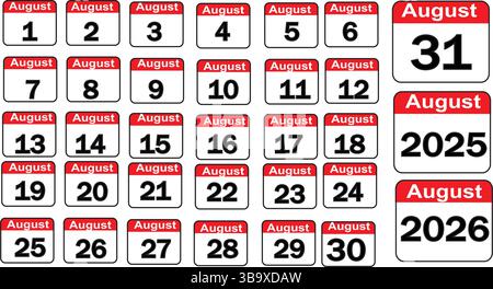 Calendario di agosto 2025 e 2026 – modello vettoriale stampabile con icone della data giornaliera, layout pulito e design intestazione rossa Illustrazione Vettoriale