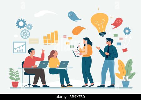 Sessione di brainstorming del team idee innovative collaborazione creativa strategia aziendale riunione pianificazione dei progetti Avvio Illustrazione Vettoriale