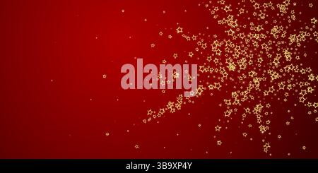 Stelle scintillanti sparse in modo casuale, volando, cadendo giù, fluttuando. Concetto di festa di Natale. Illustrazione vettoriale Festive Stars su sfondo rosso. Illustrazione Vettoriale