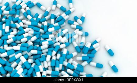 Pillole sparse su un tavolo bianco con spazio di copia. Illustrazione 3d medica Foto Stock
