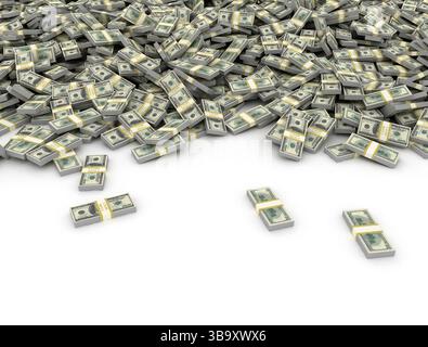 Un mucchio di dollari americani isolati, impilati su sfondo bianco. illustrazione di rendering 3d. Foto Stock