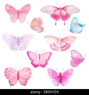 Set di farfalle rosa, viola e blu fantasia. Acquerello disegnato a mano isolato su sfondo bianco. Foto Stock
