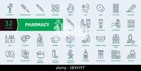 Collezione icona farmacia e assistenza sanitaria: 32 illustrazioni della linea medica Illustrazione Vettoriale