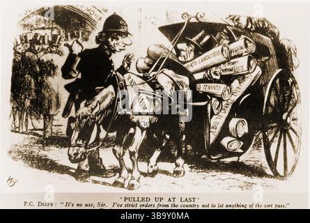 Una caricatura politica di earl con Disraeli, intitolata PULLED UP AT LAST. Benjamin Disraeli, i conte di Beaconsfield (1804 – 1881), è stato un politico, scrittore e primo ministro britannico. È noto per l’espressione “ci sono tre tipi di bugie: Bugie, maledette bugie e statistiche”. Foto Stock