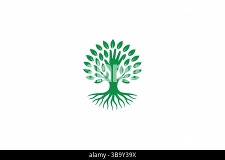 Logo Green Tree con la mano che simboleggia crescita, cura e connessione con la comunità Illustrazione Vettoriale
