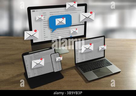 uomo che legge le e-mail sulla casella di posta elettronica dello smartphone e le e-mail con il computer portatile su internet dalle e-mail di spam Foto Stock