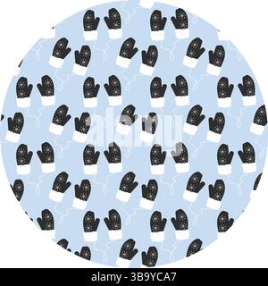 Guanti con decorazioni in pelliccia e fiocchi di neve sulla corda sfondo circolare texture tessuto invernale etichetta Fond idea. Illustrazione Vector isolata schede tematiche invernali o opuscoli promozionali Web, stampa, prezzo, etichetta Illustrazione Vettoriale