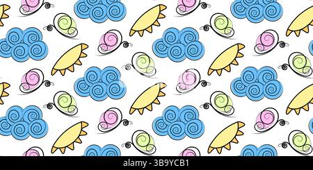 Colorate farfalle nuvole e Sun Seamless Pattern formato banner Summer Wallpaper background idea. Cartoline tematiche di saluto per illustrazioni vettoriali isolate, banner promozionali, poster, opuscoli o involucri Illustrazione Vettoriale