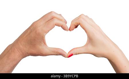 Mani che formano un cuore, simboleggiano l'amore e l'intimità. Un forte legame tra uomo e donna, che rappresenta fiducia, sostegno e connessione. isolato su Foto Stock