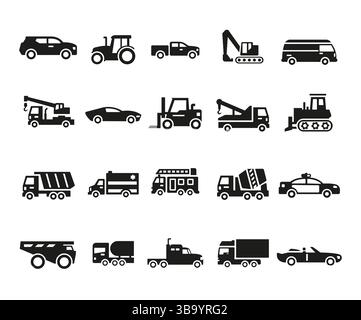 Icone veicolo impostate. Simboli di costruzione, trasporto e utenza Illustrazione Vettoriale