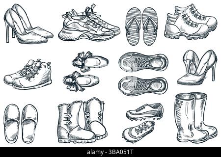 Set di scarpe alla moda, disegno vettoriale disegnato a mano. Collezione di calzature sportive e casual per donne e uomini. Elementi di design isolati su bianco Illustrazione Vettoriale