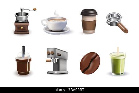 Set di icone realistiche per caffè e bevande in 3D. Illustrazione Vettoriale