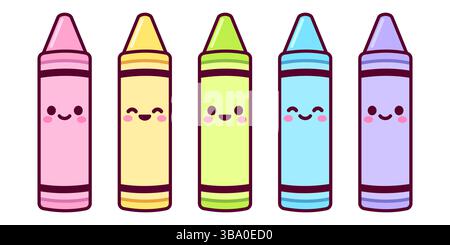 Carini pastelli per cartoni animati. Pastelli colorati con volti kawaii. Illustrazione della clipart vettoriale. Illustrazione Vettoriale