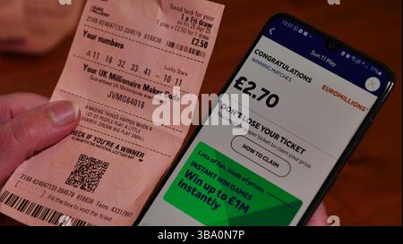 Un giocatore di lotteria nazionale utilizza un'app per scoprire di aver vinto un piccolo premio (£2,70) sulla lotteria Euromillion Foto Stock