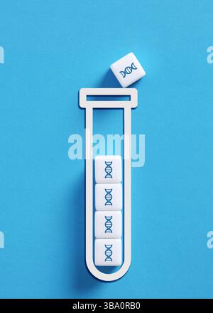 Immagine concettuale che rappresenta la ricerca genetica con cubi di DNA che riempiono una provetta su sfondo blu. Scienza e genetica. Foto Stock