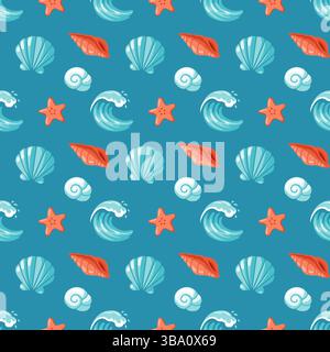 Motivo senza cuciture con onde marine, conchiglie e stelle marine su sfondo blu. Design estivo oceanico per tessuti e pacchetti Illustrazione Vettoriale