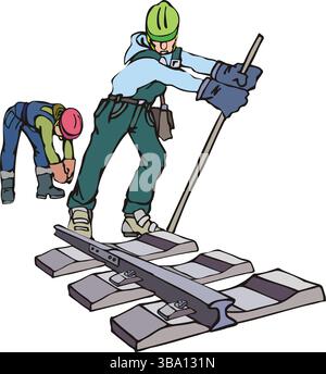 Un'illustrazione vettoriale astratta mostra un operaio edile che posa i binari ferroviari in stile cartoni animati Illustrazione Vettoriale