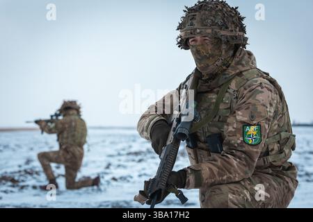 I soldati dell'esercito britannico si dirigono di pattuglia durante l'esercitazione Steadfast Dart 25 in Romania. Steadfast Dart è stato il primo esercizio di distribuzione per la Allie Foto Stock