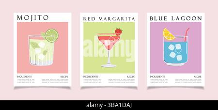 Collezione di poster per cocktail estivi. Bevanda alcolica ricetta concetto arte parete. Stampe alla moda Illustrazione Vettoriale