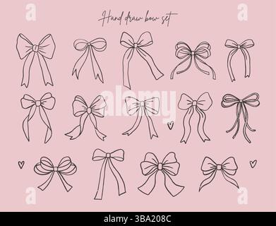 Disegna a mano la collezione di fiocchi e nastri. Stile di disegno pastello, illustrazione di set alla moda Illustrazione Vettoriale