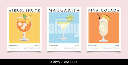 Collezione di poster per cocktail estivi. Bevanda alcolica ricetta concetto arte parete. Set di stampe alla moda Illustrazione Vettoriale