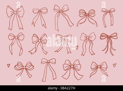 Collezione di fiocchi e nastri disegnati a mano. Stile di disegno pastello, illustrazione di set alla moda Illustrazione Vettoriale