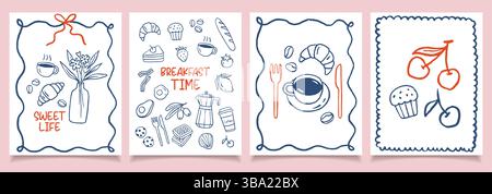 Set di 4 poster per la colazione. Illustrazione vettoriale di croissant e caffè, stile disegno pastello Illustrazione Vettoriale