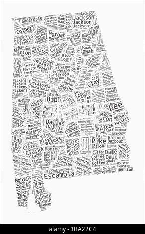 Alabama Text Style Counties. La regione di stato nomina nuvole di parole in lingua inglese. Illustrazione del vettore di tendenza. Illustrazione Vettoriale