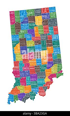 Forma Indiana. State Word cloud con divisione contea. Illustrazione colorata Indiana. I nomi delle contee sono nubi. Illustrazione vettoriale. Illustrazione Vettoriale