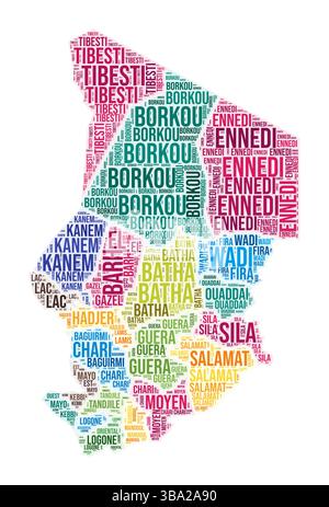 Cloud di parole dell'area del Ciad. Design a forma di paese. Illustrazione colorata. Fumetto collage nomi regione. Illustrazione vettoriale. Illustrazione Vettoriale