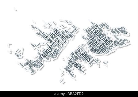 Nuvola di testo a forma di Isole Falkland. Confine del paese con ombra su sfondo bianco. Isole Falkland con divisione regionale in stile vintage gazette. Illustrazione Vettoriale