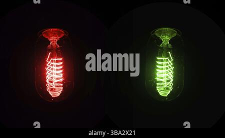 Lampadina dall'aspetto retrò che si illumina su sfondo scuro, filo luminoso visibile in vetro - versione rossa e verde, ma il colore può essere cambiato con tonalità / saturazione Foto Stock