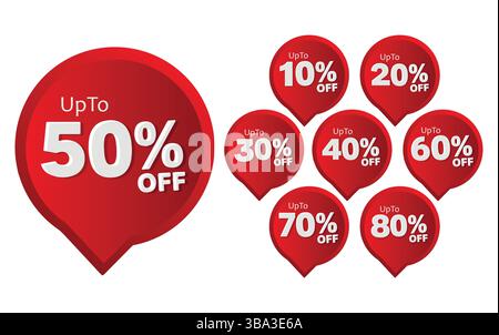Diverso set di etichette sconto sconto percentuale adesivo prezzo sconto. Fino a 10, 20, 30, 40, 50, 60, 70 ,80% Vector , etichette rosse scontate fino al 80% di sconto Illustrazione Vettoriale