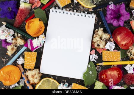 Taccuino di carta con pagine vuote, palle di carta e pastelli sbriciolati, cibi sparsi su sfondo di legno, concetto creativo di scrittura ricetta di cottura. Comi Foto Stock