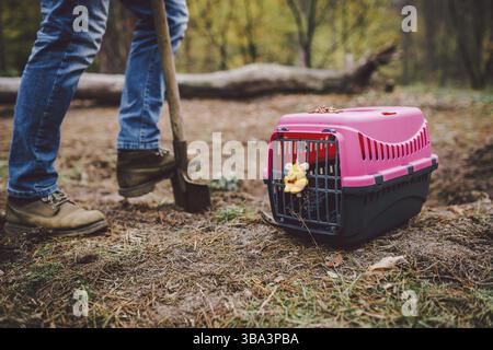 Scena Spooky al cimitero degli animali domestici. La tomba di amici animali perduti. Compagnia, addio. Un uomo porta un animale domestico morto in un vettore alla foresta e di Foto Stock