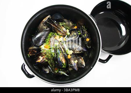 cozze olandesi al vapore in pentola con salsa panna e sfondo bianco Foto Stock