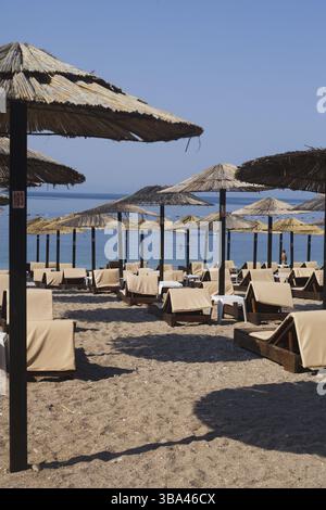 File di sedie a sdraio in legno marrone e ombrelloni in paglia sulla spiaggia di mare al mattino. Budva, Montenegro, Europa Foto Stock