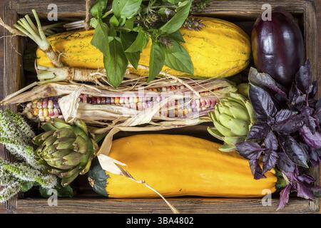Pavimento in legno di verdure biologiche fresche con spazio per le copie. Sfondo verde, giallo e multicolore. Un ambiente di alimentazione sano. Cibo vegetariano Foto Stock