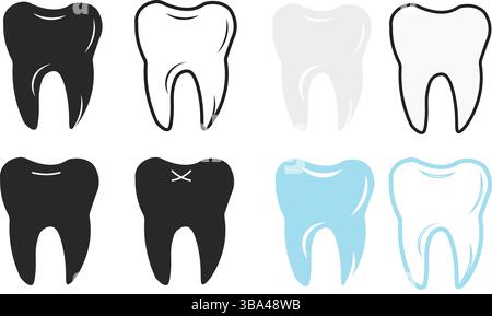 Illustrazioni vettoriali delle icone dei denti in vari stili Illustrazione Vettoriale
