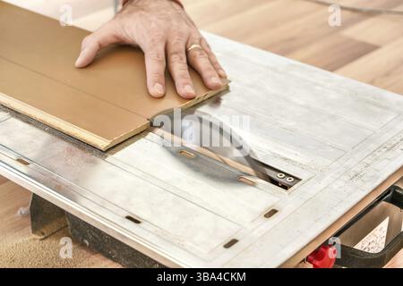 Uomo che taglia pannelli per pavimenti in laminato su sega circolare, dettaglio su pannello di legno con le mani, Liptovsky Mikulas, Slovacchia, Europa Foto Stock