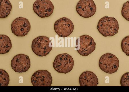 Schema dei cookie su sfondo cartaceo. Vista dall'alto dei biscotti con scaglie di cioccolato Foto Stock
