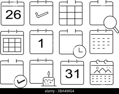 Raccolta icone calendario per la pianificazione e la pianificazione in bianco e nero Illustrazione Vettoriale