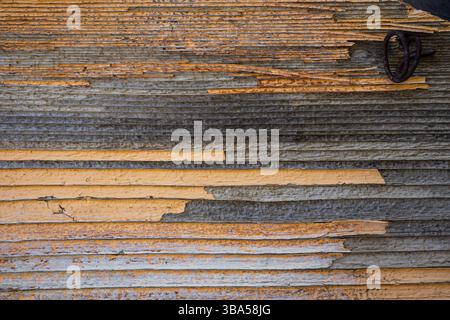 Primo piano di un pezzo di legno usurato, con sfumature di vernice gialla sbucciante su una struttura di legno grigio invecchiata dall'esposizione agli elementi. Foto Stock