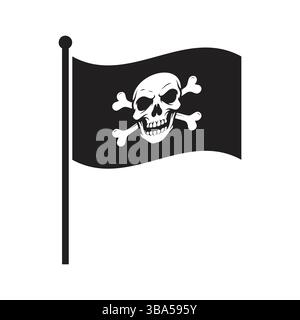 Bandiera nera, che mostra un cranio e una croce bianchi su sfondo bianco. Una semplice e classica grafica a bandiera pirata. Illustrazione Vettoriale