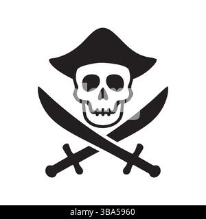 Emblema nero e bianco del teschio dei pirati con un cappello da capitano e spade incrociate. Un design essenziale e minimalista. Illustrazione Vettoriale