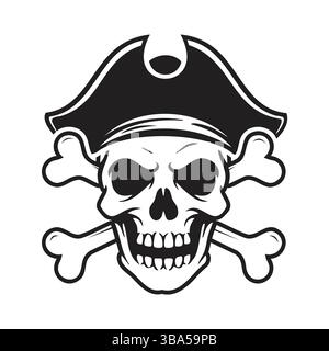 Design stilizzato del cranio con cappello da pirata e ossa incrociate, ideale per un emblema OR. Illustrazione Vettoriale