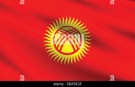 Bandiera del Kirghizistan. Colori ufficiali della bandiera del Kirghizistan e illustrazione vettoriale digitale delle proporzioni. Bandiera ondulata. Bandiera a pieghe. Illustrazione Vettoriale