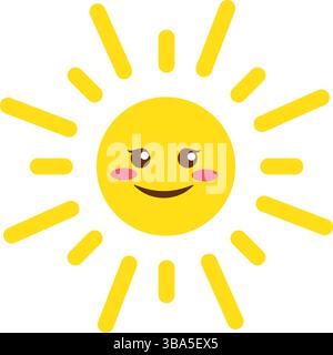 Carino personaggio del sole dei cartoni animati con volto kawaii. Semplice mascotte giallo doodle isolata su sfondo bianco. Icona piatta disegnata a mano. Illustrazione Vettoriale