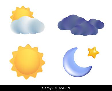 Sole, Luna, Stella e nuvole che rappresentano giorno e notte Illustrazione Vettoriale